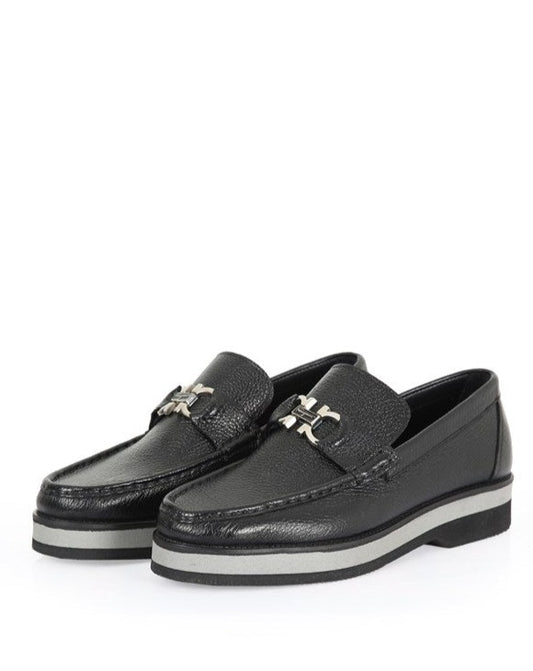 Laval Black Leather Men's Loafer with Floater Print, Eva Sole & Buckle Detailed Casual Shoes