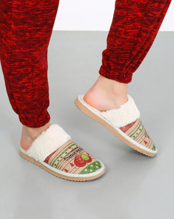 Christmas Joy Printed Women's Beige Vegan Slippers, Cozy and Unique Design