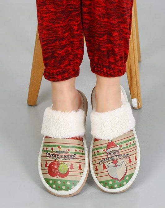 Christmas Joy Printed Women's Beige Vegan Slippers, Cozy and Unique Design