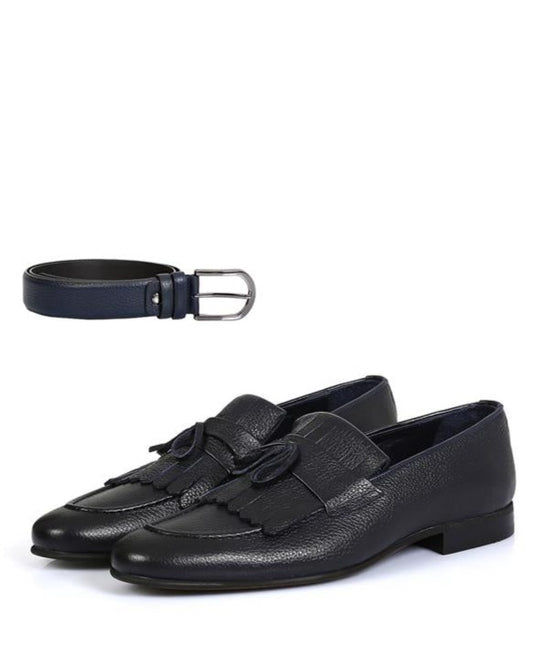 Danilo Navy Blue Floater Leather Tassel Loafers, Men's Classic Shoes with Neolite Sole and Gift Belt