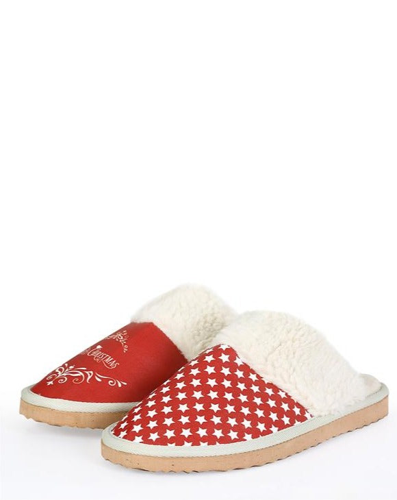 Mery Christmas Printed Women's Red Vegan Slippers, Cozy and Unique Design