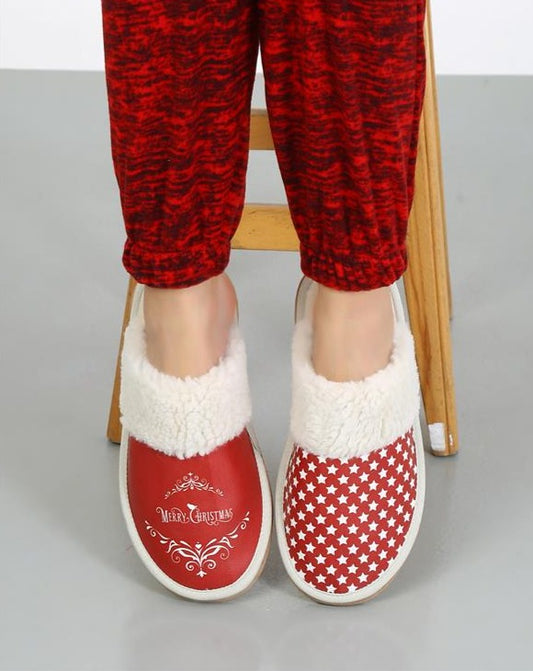 Mery Christmas bedrukte rode veganistische pantoffels voor dames, gezellig en uniek ontwerp