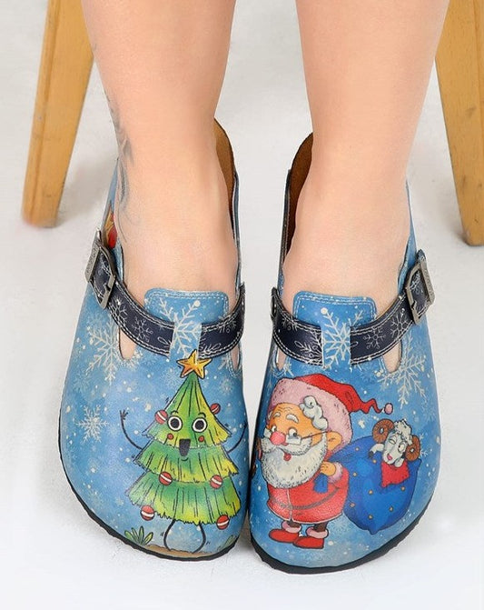 Christmas Dance Printed Women's Blue Vegan Sandals with Adjustable Straps, Unique Design