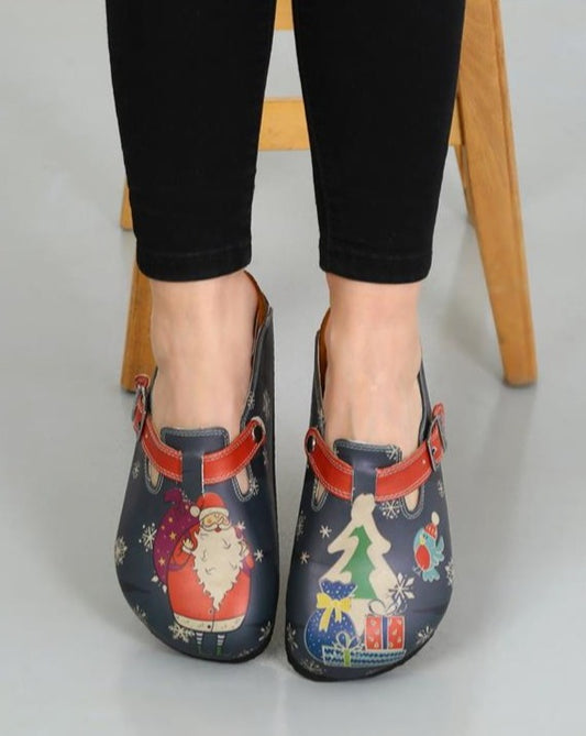 Zwart-rode veganistische pantoffels voor dames met kerstmanprint en Ho-Ho-Home Sweet Feet-sandalen