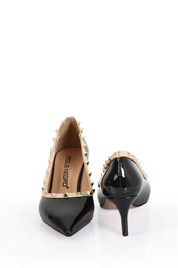 Cherina Black/Beige Patent Leather Women's Stilettos with Elegant Design with Studded Accessories