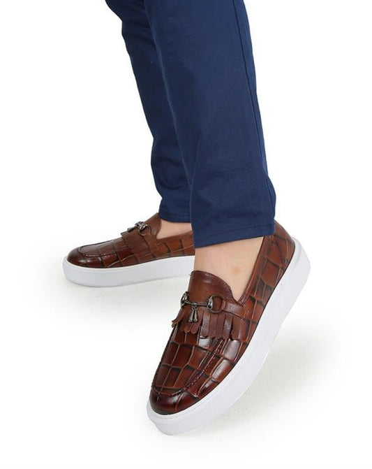 Belfort Tan Crocodile Print Leather Men's Loafers with Eva Sole, Smart Casual Shoes & Belt Gift