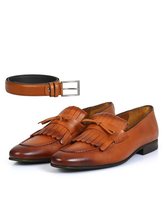 Danilo Tan Floater Leather Tassel Loafers, Men's Classic Shoes with Neolite Sole and Gift Belt