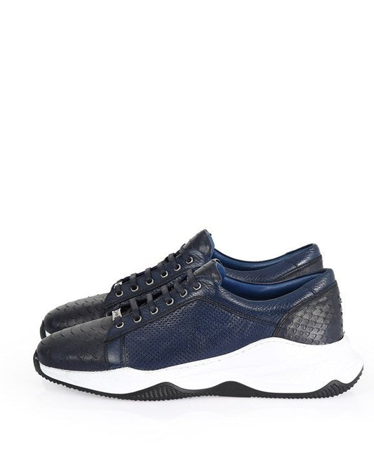 Miyama Navy Blue Leather Lace-up Men's Sneakers, Streetwise Style for Modern Gentlemen