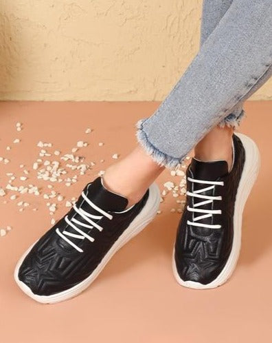 Greta Black Leather Women's Lace-up Sneakers with Star Embossing, Stylish and Comfortable All Day with Anatomical Sole