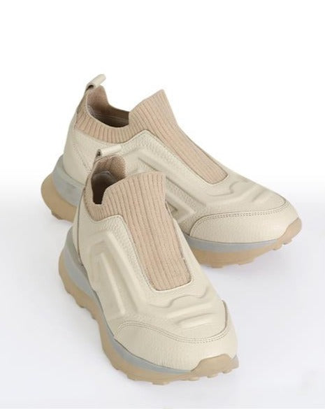 Manaus Beige Leather Lace-up Women's Sneakers with Comfortable Eva Sole & Knitwear Ankle