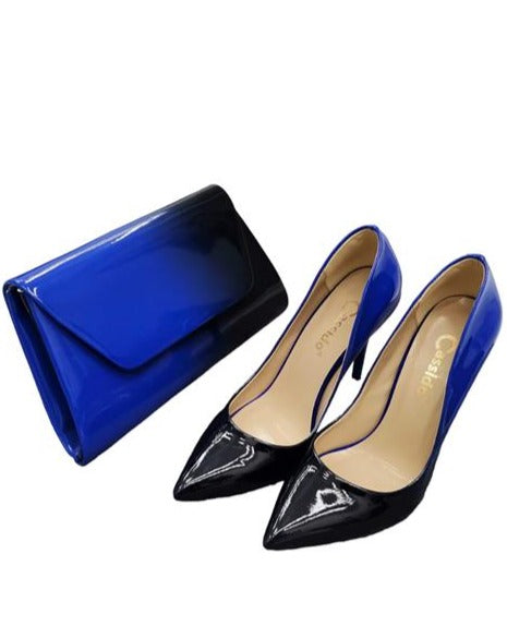 Rowena Gradient Blue Patent Leather Women's Stiletto Shoes with Bag Gift, Elegant and Stylish Heels