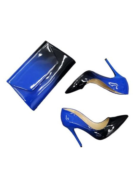 Rowena Gradient Blue Patent Leather Women's Stiletto Shoes with Bag Gift, Elegant and Stylish Heels