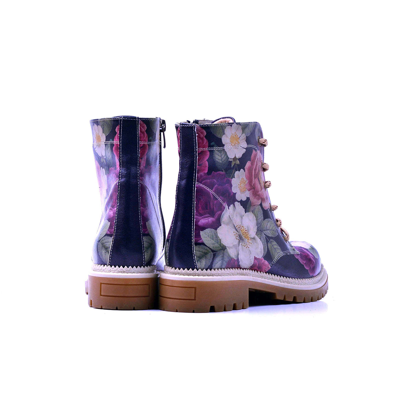 Spring Bloom Printed Lace-up and Side Zippered Women's Vegan Boots, Wearable Art with Unique Design