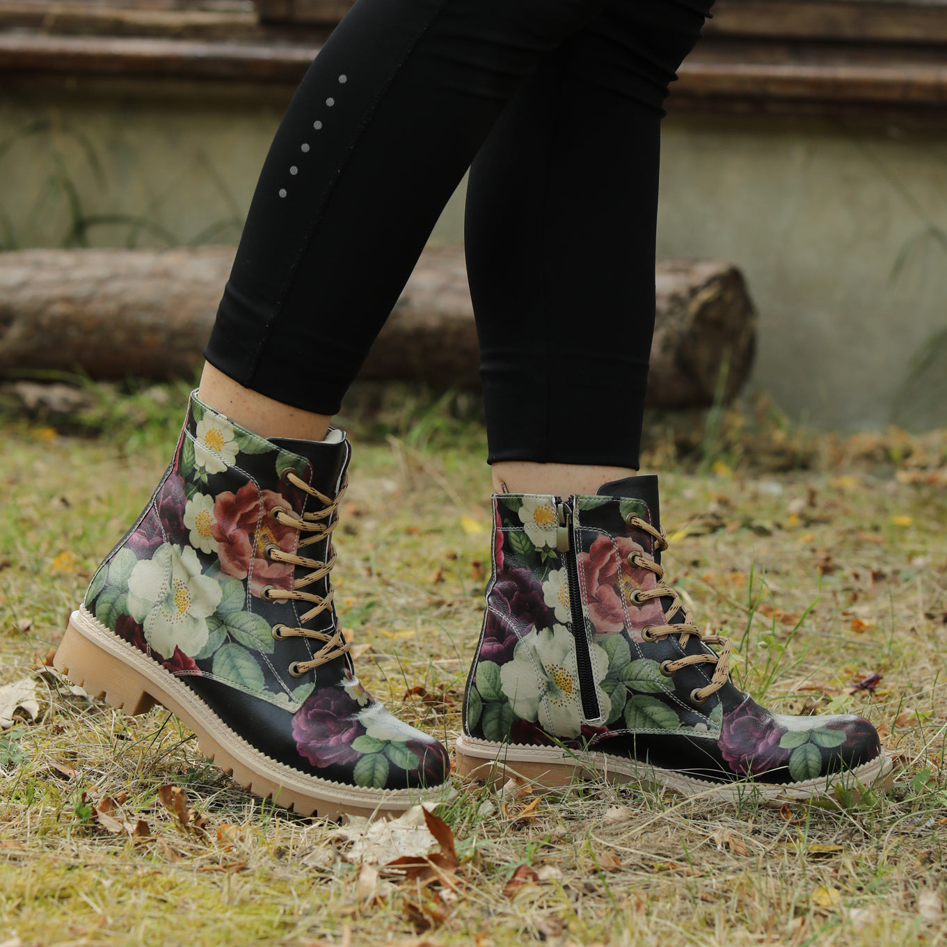 Spring Bloom Printed Lace-up and Side Zippered Women's Vegan Boots, Wearable Art with Unique Design